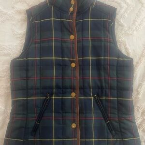 Ralph Lauren Women’s Small Quilted Plaid Puffer Vest Green Navy Tartan Leather
